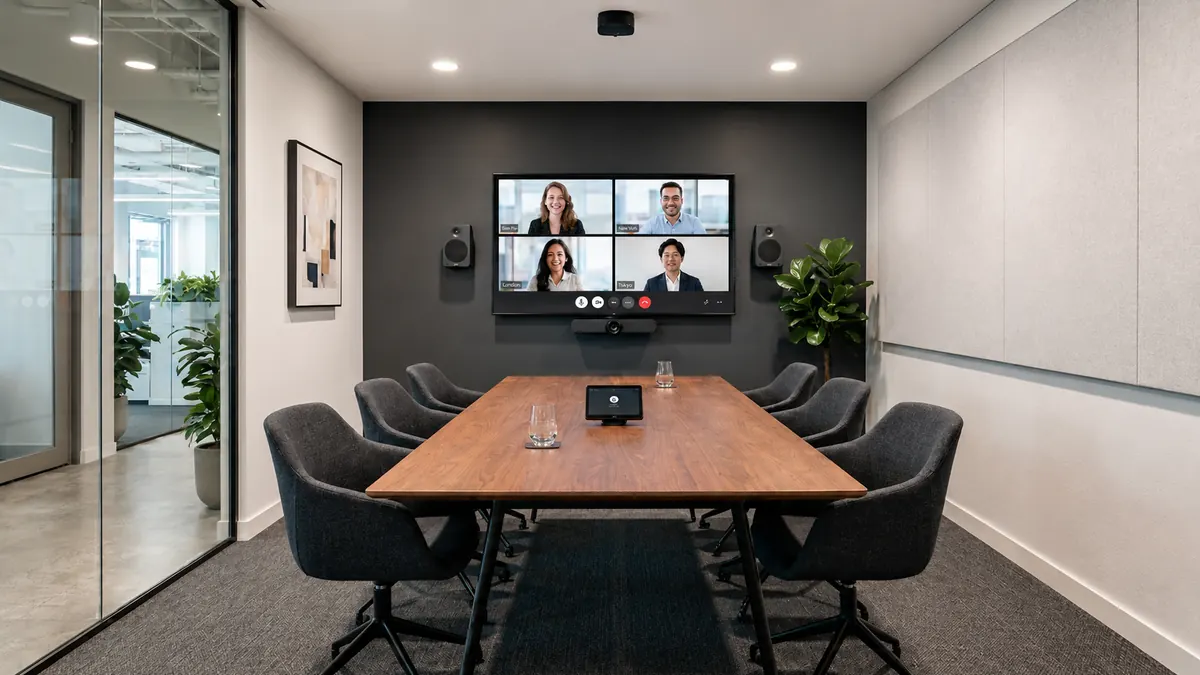 Modern conference room with active video call