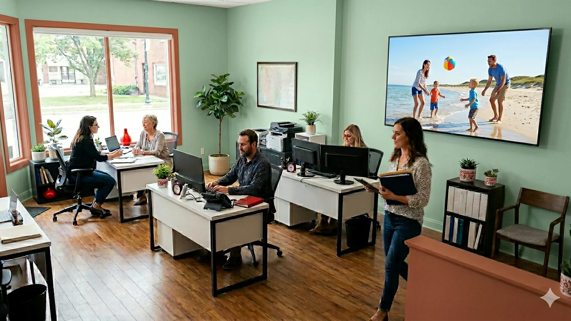 Insurance office with wall-mounted digital display