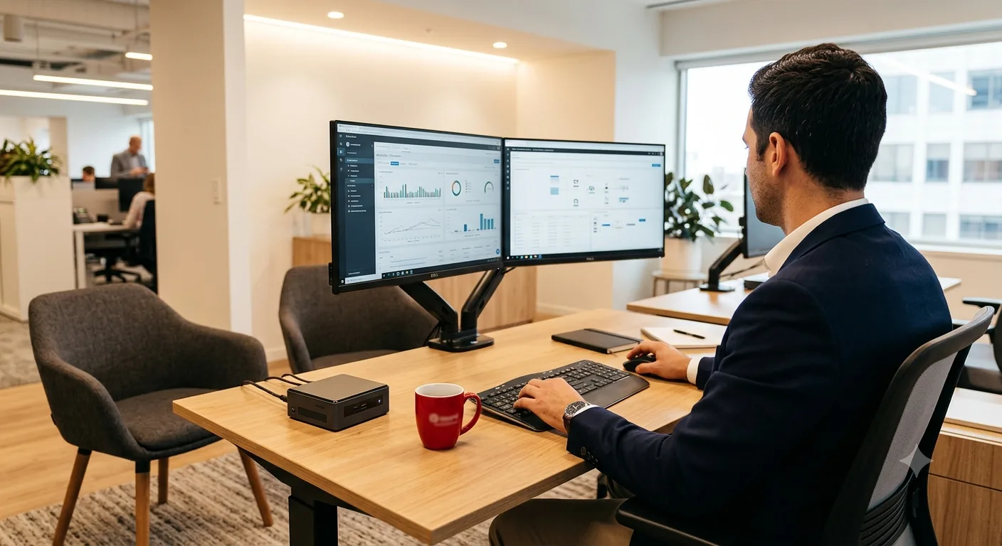Agent monitoring a managed network dashboard from their office workstation